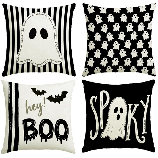 StaticPoster; Halloween Decor Pillow Covers 18x18 Inch,Set of 4 Halloween Decorations Outdoor Indoor Throw Pillow Covers, Hey Boo Cute Spooky Ghost Black Striped Linen Cushion Case for Home Sofa Couch Bed Chair; Category:Halloween Decorations; Image:1